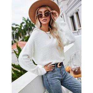 soft knit Fuzzy crewneck Sweater white boho minimalist preppy fall winter